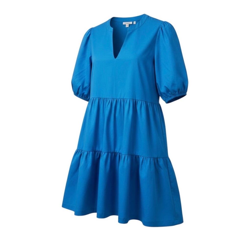 Chico’s Blue Tiered Poplin Dress Womens 1 US 8 V Neck Puff Sleeve Pockets